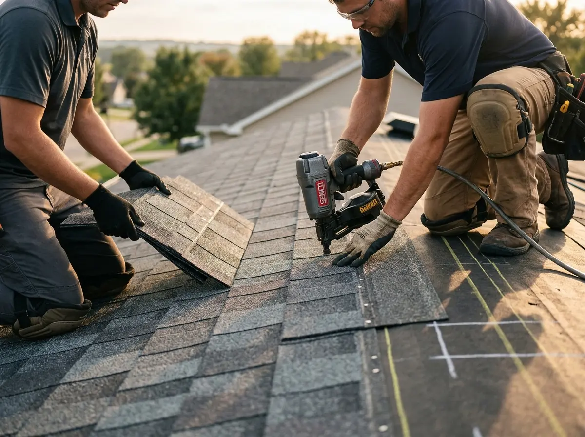 Professional roofer working on a residential roof in Salton City